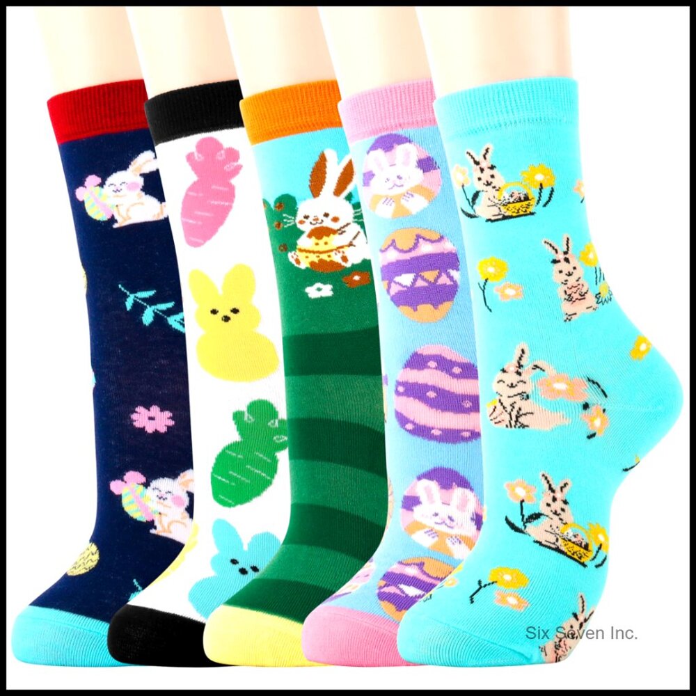 Funny Cute Easter Socks, 5 Pairs Crew Socks Cotton Blend